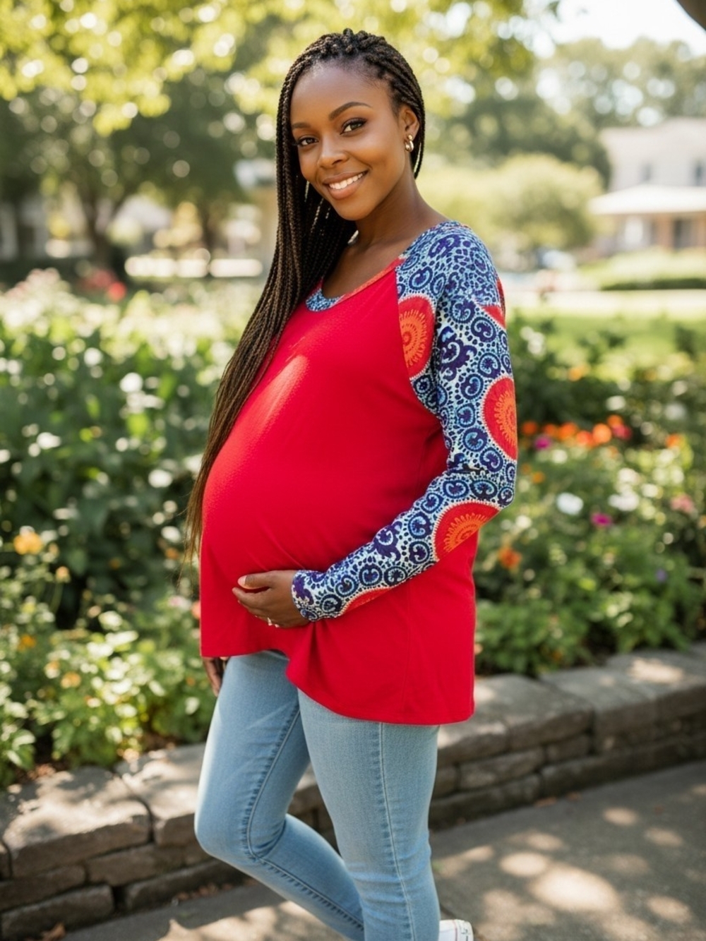 Pinkblush Red Maternity Long Sleeve Top with Patterned Red & Orange Sleeves